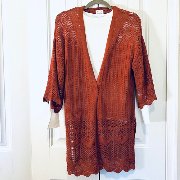 Hippie Rose Pointelle Open Front Cardigan Sweater in Rust/Barn Red (M) New w/tag - Picture 2 of 11